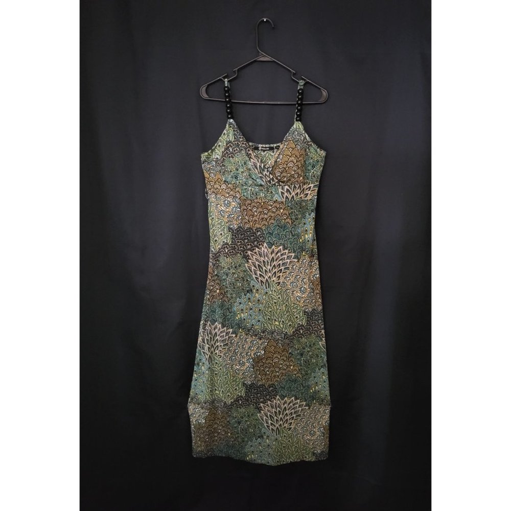MILANO  Green Casual Dress Shoulder Spaghetti Black Beads Strap Dress Size 16